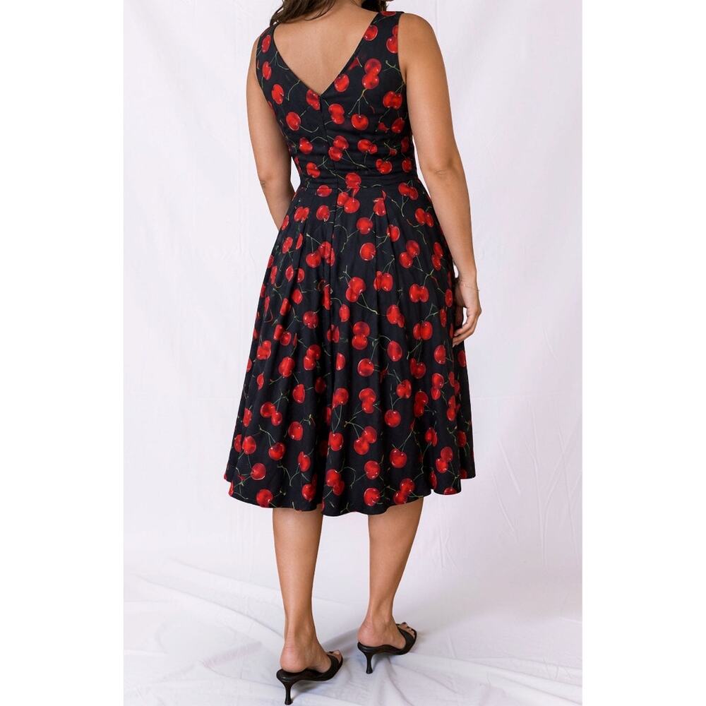 Eva Rose Cherry Print Fit & Flare Cotton Midi Dress Made USA Size Large - Picture 2 of 6
